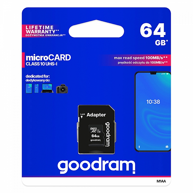 KARTA PAMIĘCI GOODRAM MICRO SD 64GB Z ADAPTEREM 10 CLASS UHS I M1AA-0640R12