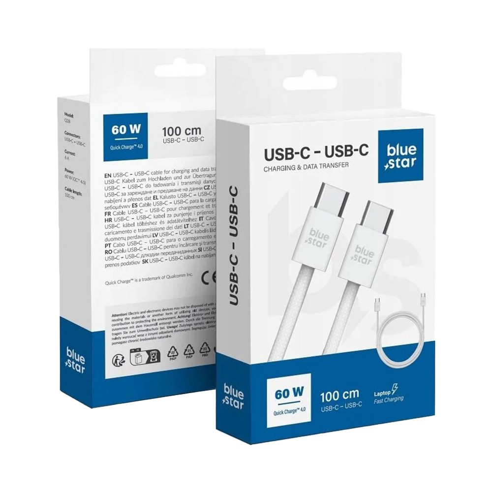 KABEL BLUE STAR USB C DO USB C 6A 60W QC4.0 1M Q28 BIAŁY