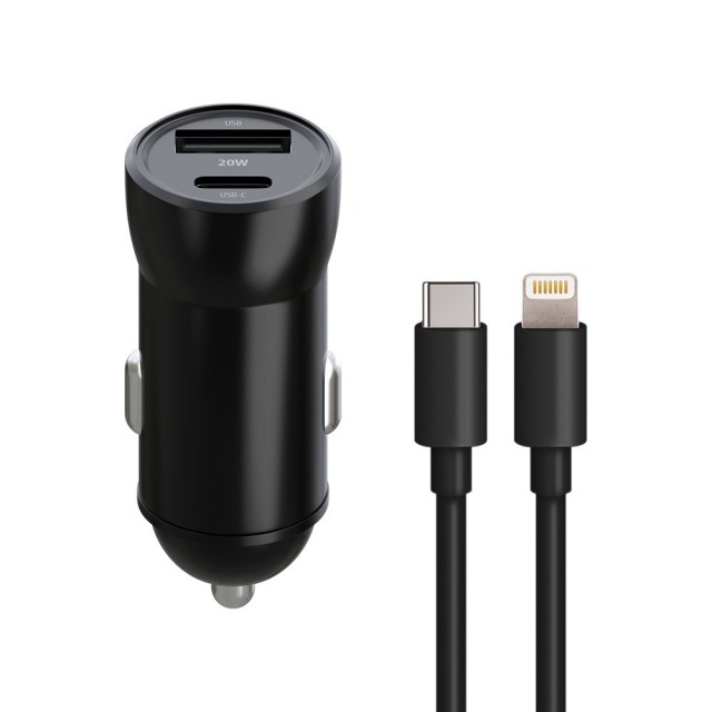 ŁADOWARKA SAMOCHODOWA MAXLIFE MXCC-04 20W PD3.0 + QC3.0 USB-C+USB + KABEL USB-C DO LIGHTNING CZARNA