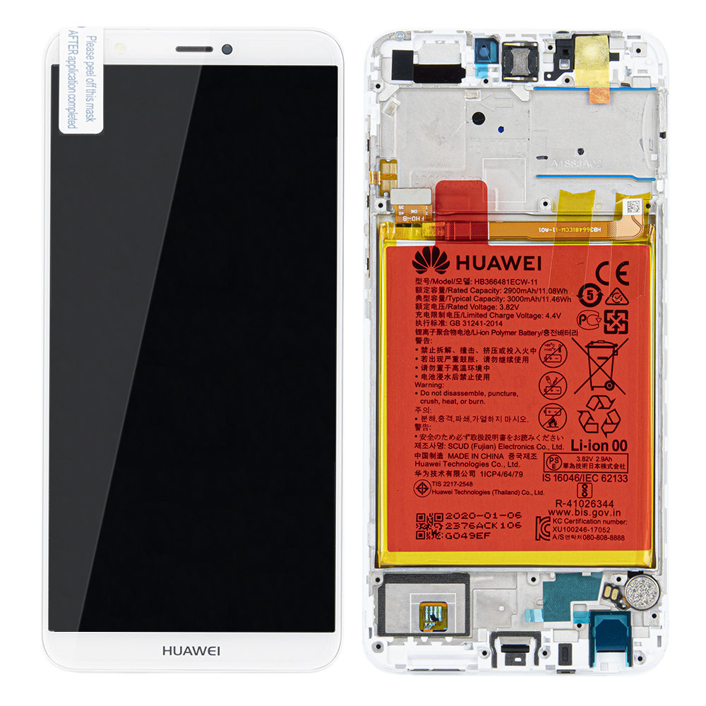 WYŚWIETLACZ LCD DO HUAWEI P SMART FIG-LX1 FIG-LX2 FIG-LX3 FIG-LA1 Z RAMKĄ I BATERIĄ BIAŁY 02351SVE 02351SVL ORYGINAŁ SERVICE PACK